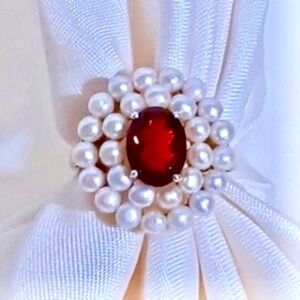 💲SALE💲 Natural White Double Row Seed Pearl and Garnet Ring .925 Sz 6.5